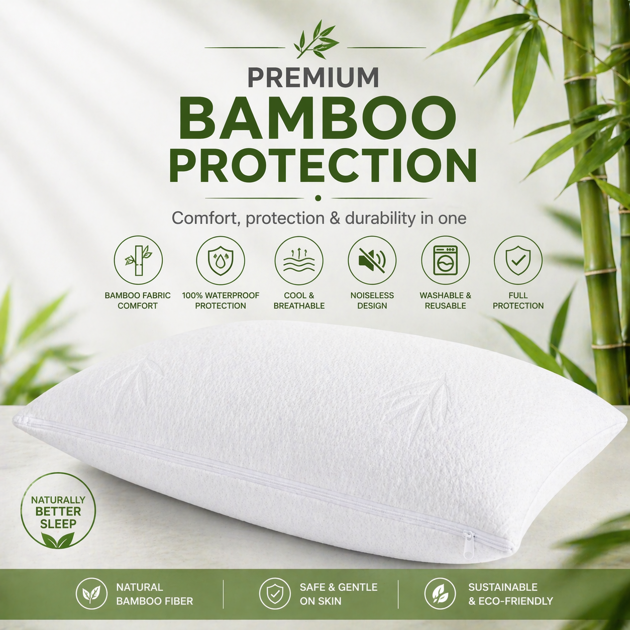 Bamboo Pillow Protector – Waterproof, Zippered, Hypoallergenic Cover, Breathable Bamboo Material, Dust Mite Proof & Soft Standard Pillows (Size - 50cm x 70cm)